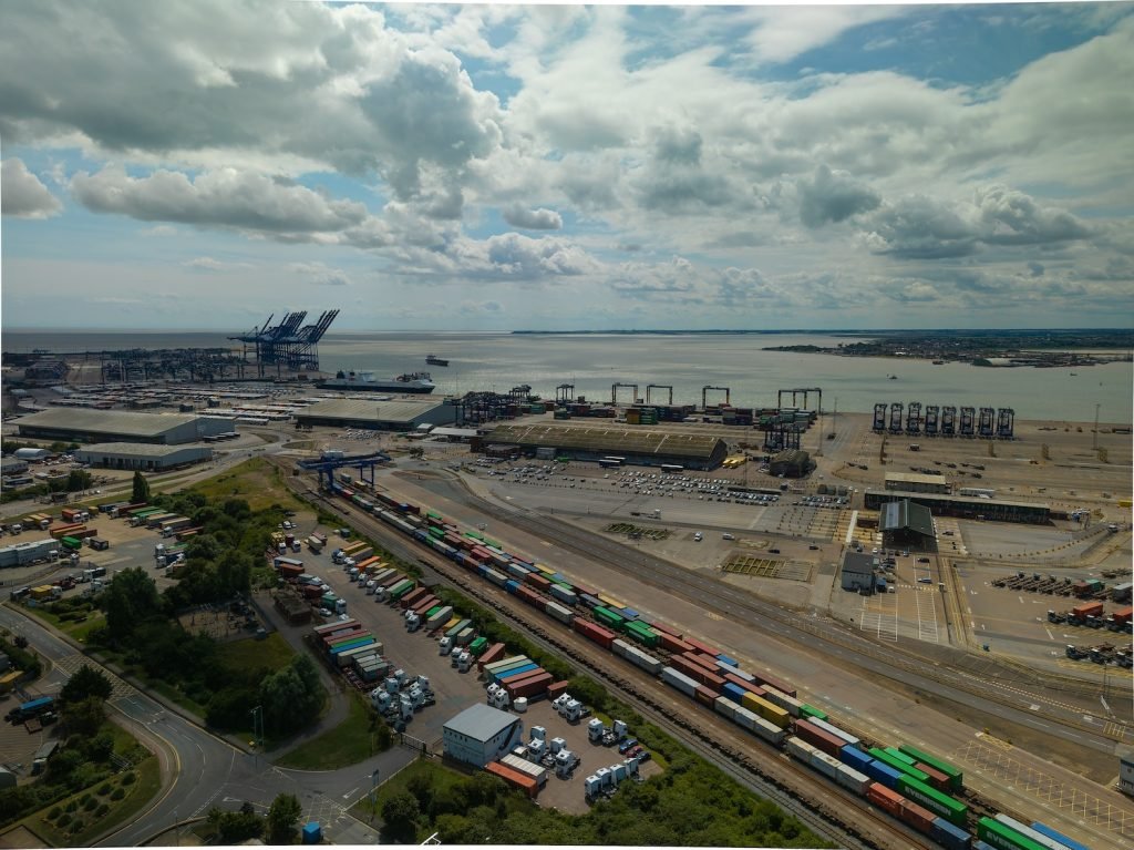 Aerial view of Felixstowe port docks on the Orwell showing shipping ports from the uk