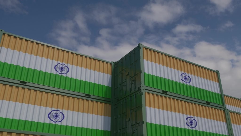 Containers with the Indian flag on that are being exported from the UK to India.