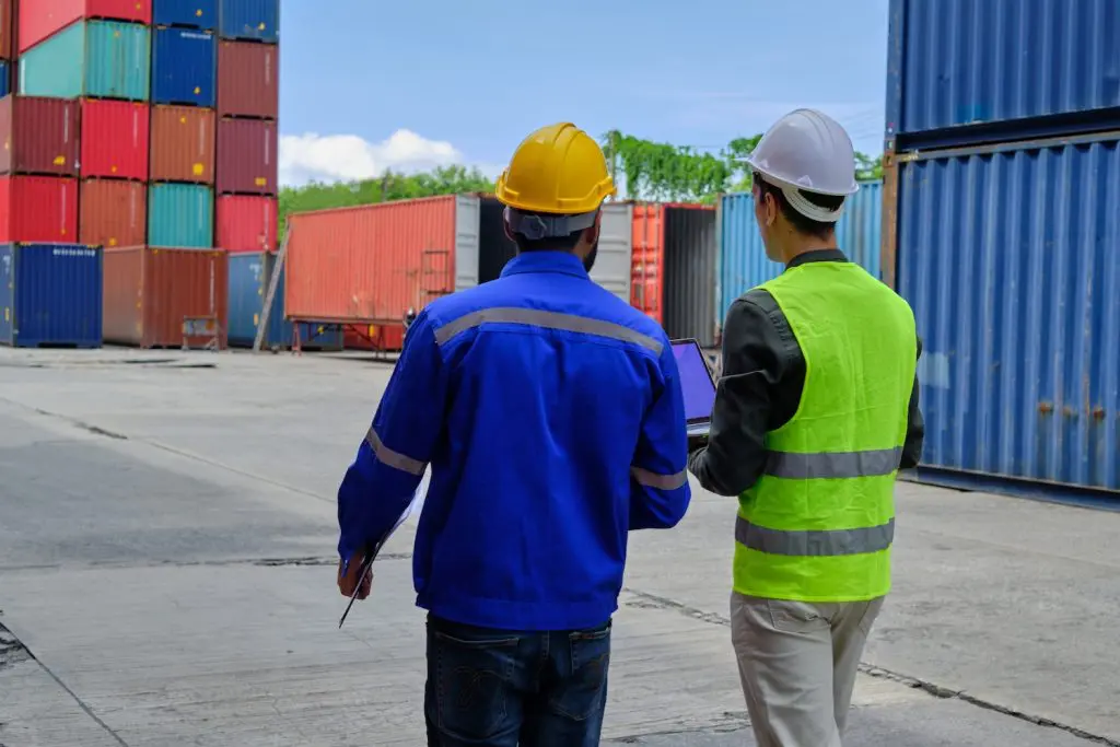 Two workers at a port inspecting containers filled with the top export goods going to the Philippines from the UK.