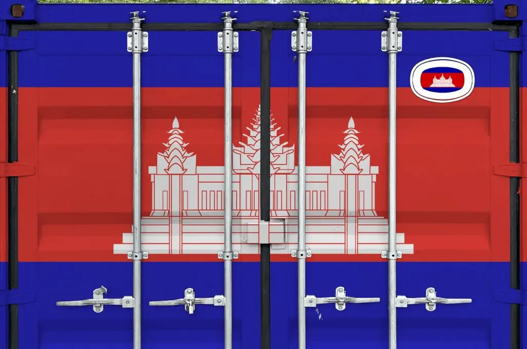 A container with the Cambodian flag on it to represent Customs and Tariff Regulations in Cambodia.