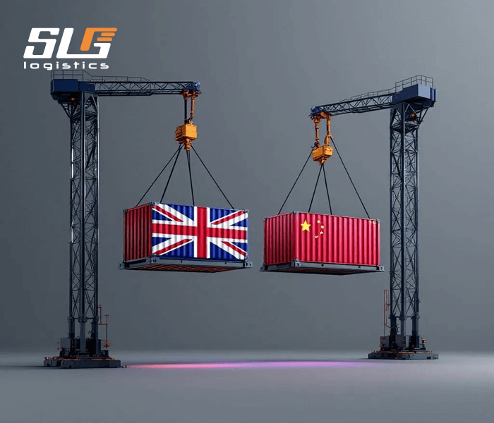 Two cargo containers being lifted by cranes, one featuring the United kingdom flag and the other with the China flag, against a gray background with a subtle purple glow, and the 'SLG Logistics' logo in the top left corner.