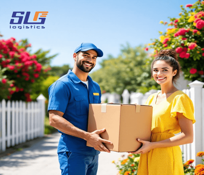 A delivery worker in a blue uniform and cap handing a cardboard box to a woman in a yellow dress, standing outside a house with a white picket fence and vibrant flowers under a clear blue sky, with the 'SLG Logistics' logo in the top left corner.