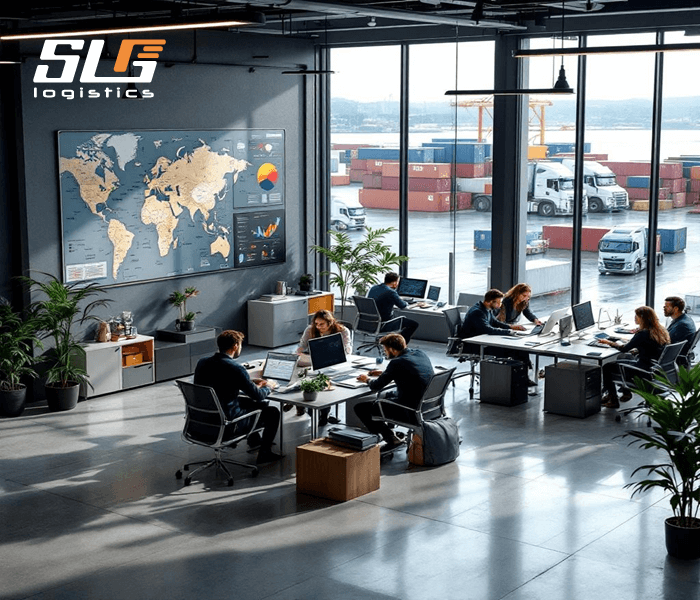 A modern office with a team of professionals working at desks with laptops, surrounded by plants and a large world map with charts on the wall, overlooking a port with stacked containers and trucks through large windows, with the 'SLG Logistics' logo in the top left corner.