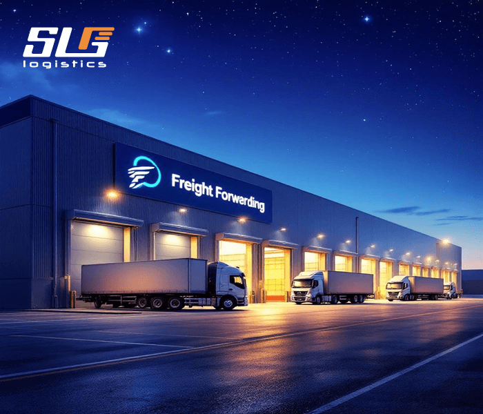 A nighttime view of a modern warehouse with the 'Freight Forwarding' sign illuminated on the building, featuring several trucks parked at open loading docks with lights on, under a starry sky, with the 'SLG Logistics' logo in the top left corner.