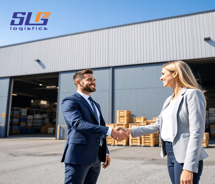 Two professionals in suits shaking hands in front of a modern warehouse with an open door revealing stacked crates, under a clear blue sky, with the 'SLG Logistics' logo in the top left corner.