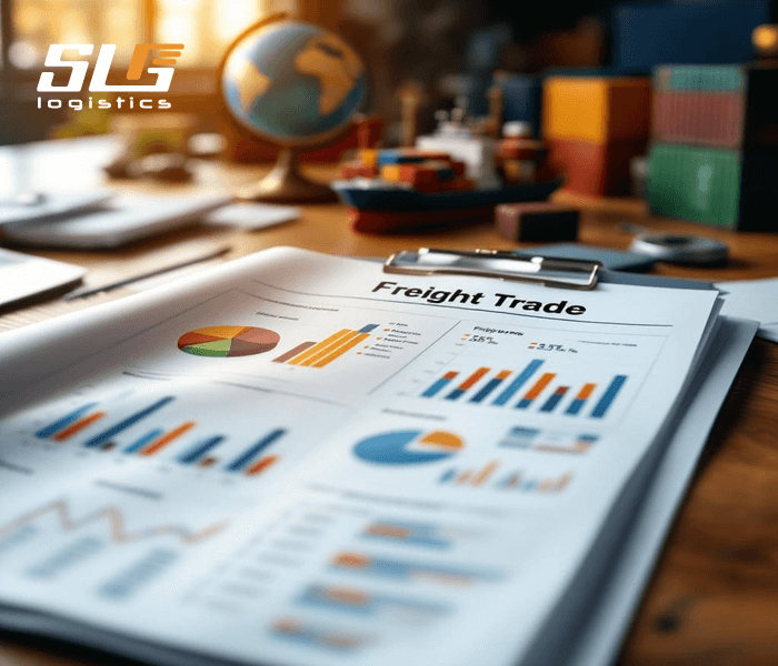 A close-up of a desk with a 'Freight Trade' report featuring bar charts, pie charts, and graphs, alongside a globe and colorful cargo containers, with a laptop and office supplies in the background, and the 'SLG Logistics' logo in the top left corner.