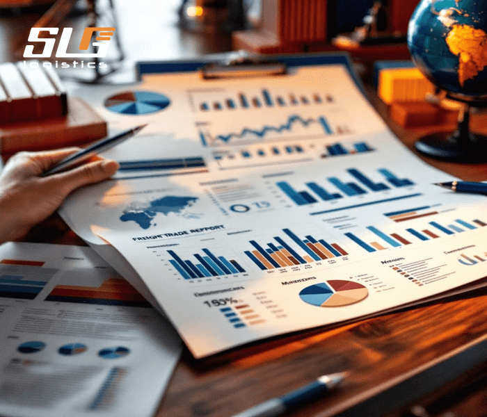 A close-up of a desk with a hand holding a pen over a detailed 'Freight Trade Report' document featuring bar charts, pie charts, and a world map, alongside a globe and additional papers with graphs, with the 'SLG Logistics' logo in the top left corner.
