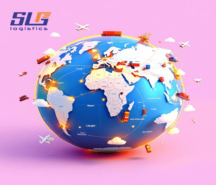 A stylized globe with a map of the world, surrounded by planes, trucks, and cargo items connected by dotted lines, set against a pink background with clouds, featuring the 'SLG Logistics' logo in the top left corner.