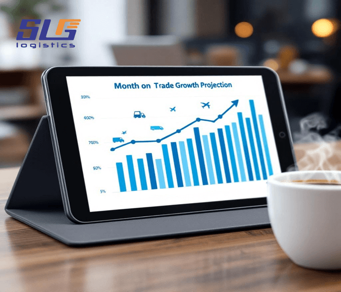 A tablet on a wooden desk displaying a 'Month on Trade Growth Projection' chart with upward-trending blue bars and a line graph, featuring icons of planes and trucks, with a steaming coffee cup beside it and a blurred office background, and the 'SLG Logistics' logo in the top left corner.