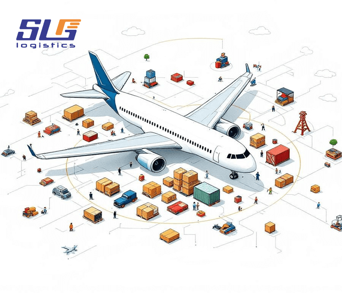 A large cargo plane parked on a tarmac, loaded with various freight goods, including crates and containers