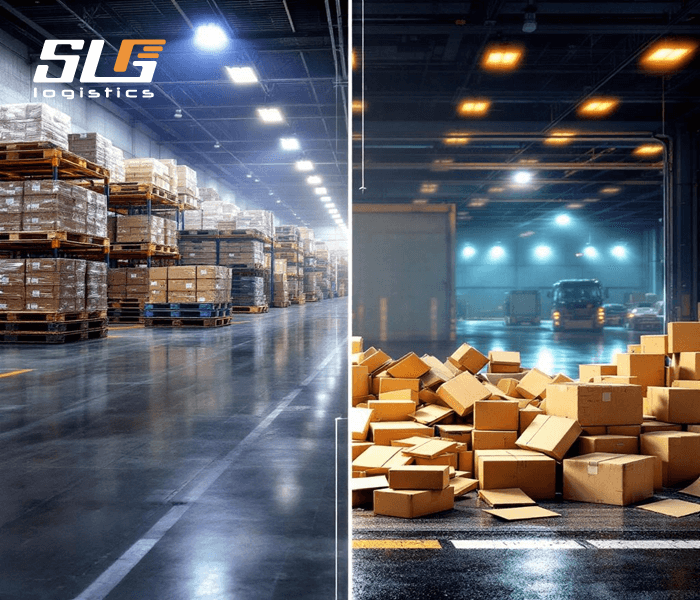 A split image showcasing an SLG Logistics warehouse: the left side displays neatly stacked pallets of boxed goods on shelves under bright lights, while the right side shows a pile of scattered cardboard boxes near a loading dock with trucks in the background.