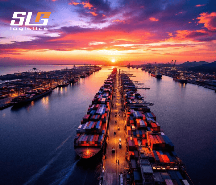 An aerial view of a busy port at sunset with a vibrant orange and pink sky, featuring a large cargo ship loaded with colorful containers navigating a waterway, flanked by cranes and docked ships, with the 'SLG Logistics' logo in the top left corner.
