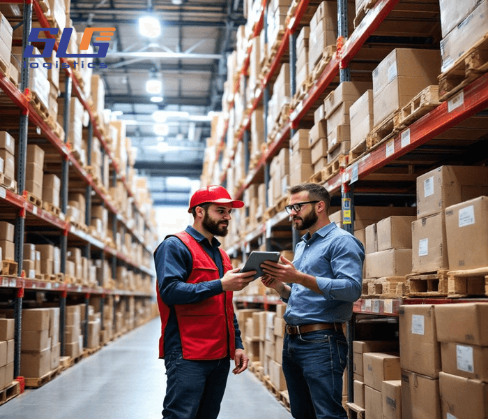 Two workers in a brightly lit warehouse, one wearing a red cap and vest holding a tablet, the other in a blue shirt discussing, surrounded by tall shelves filled with boxed goods on pallets, with the 'SLG Logistics' logo in the top left corner.