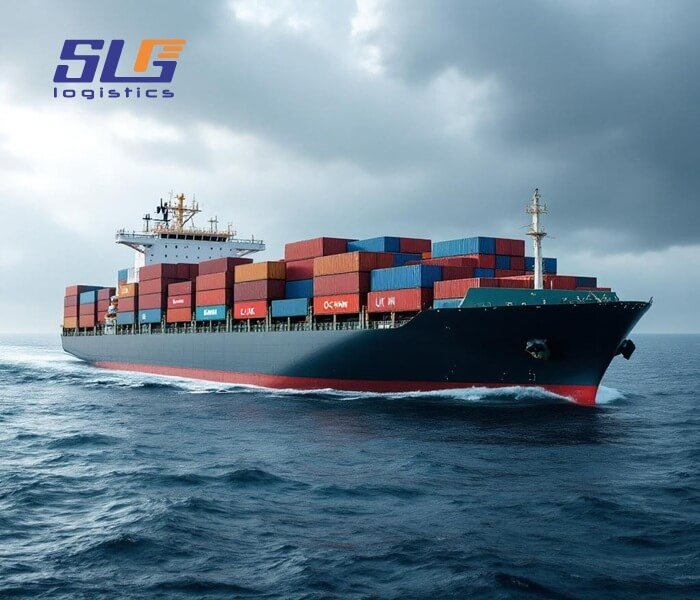 A large container ship stacked with colorful shipping containers sails through choppy ocean waters under a stormy, overcast sky. The vessel features a black hull with a red waterline and white superstructure. The "SLG Logistics" logo is in the top left corner.