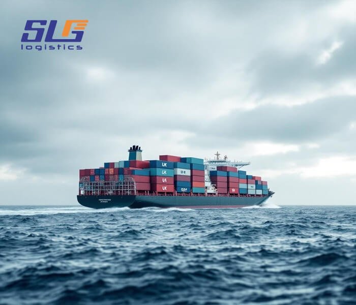 A massive container ship loaded with multicolored shipping containers navigates through rough, dark ocean waters under a heavily clouded sky. The vessel's hull is black with a red lower section, and the containers are stacked high on deck. The "SLG Logistics" logo is visible in the top left corner.