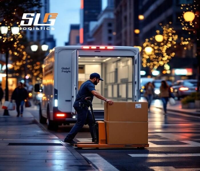 A delivery worker in a blue uniform unloads two large cardboard boxes from the back of a white "Global Freight" truck using a hand pallet truck on a bustling city street at dusk. Festive lights twinkle in the background, with blurred pedestrians and vehicles adding to the urban holiday atmosphere. The "SLG Logistics" logo appears in the top left corner.